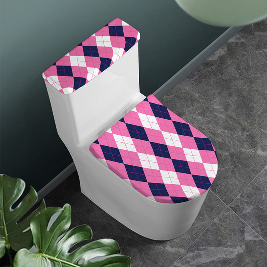Pink Blue And White Argyle Pattern Print Toilet Lid And Tank Cover Set