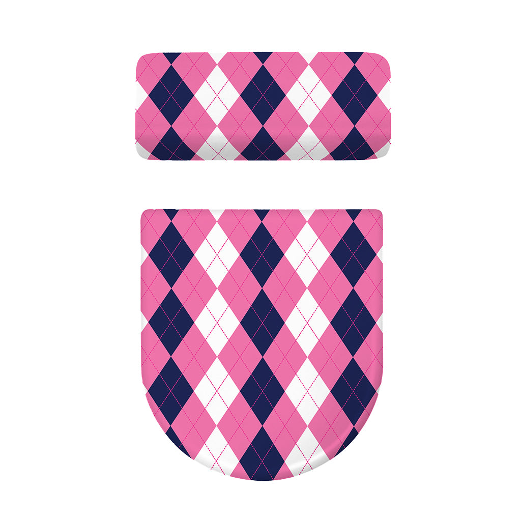 Pink Blue And White Argyle Pattern Print Toilet Lid And Tank Cover Set
