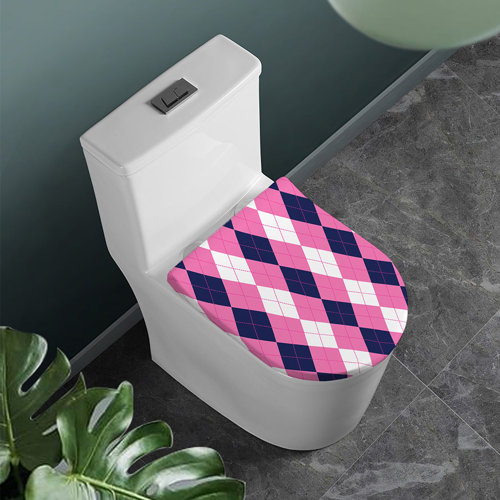 Pink Blue And White Argyle Pattern Print Toilet Lid Cover