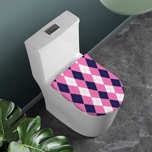 Pink Blue And White Argyle Pattern Print Toilet Lid Cover