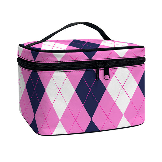 Pink Blue And White Argyle Pattern Print Travel Makeup Bag