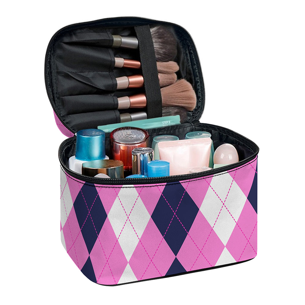 Pink Blue And White Argyle Pattern Print Travel Makeup Bag