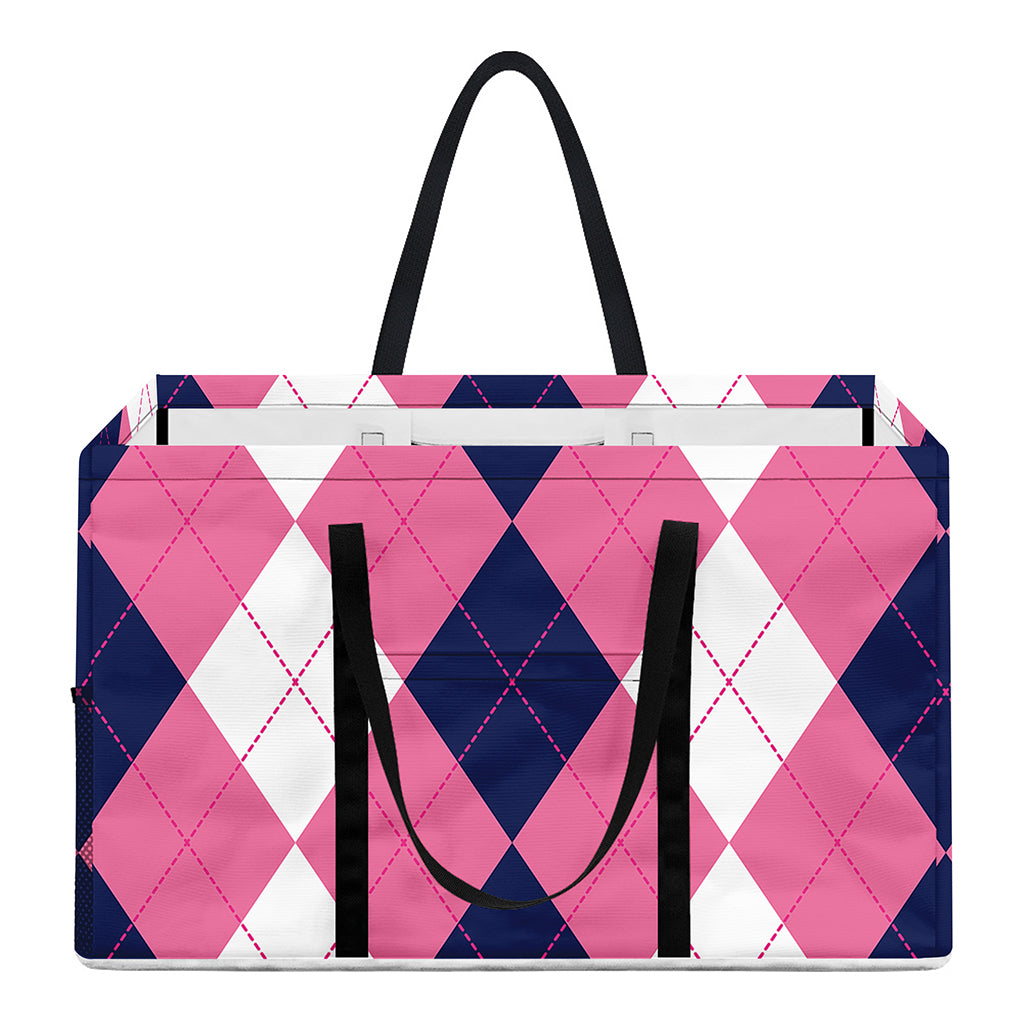 Pink Blue And White Argyle Pattern Print Utility Tote Bag