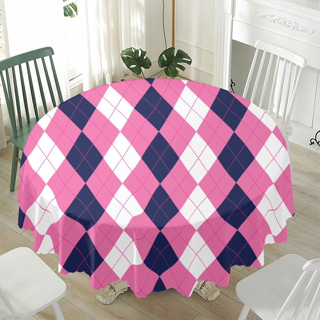 Pink Blue And White Argyle Pattern Print Waterproof Round Tablecloth