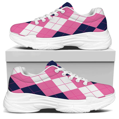 Pink Blue And White Argyle Pattern Print White Chunky Shoes