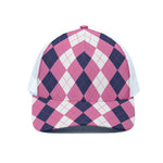 Pink Blue And White Argyle Pattern Print White Mesh Trucker Cap