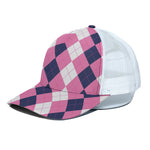 Pink Blue And White Argyle Pattern Print White Mesh Trucker Cap