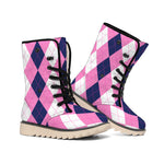 Pink Blue And White Argyle Pattern Print Winter Boots