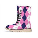 Pink Blue And White Argyle Pattern Print Winter Boots