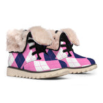Pink Blue And White Argyle Pattern Print Winter Boots