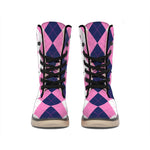 Pink Blue And White Argyle Pattern Print Winter Boots