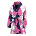 Pink Blue And White Argyle Pattern Print Women's Bathrobe