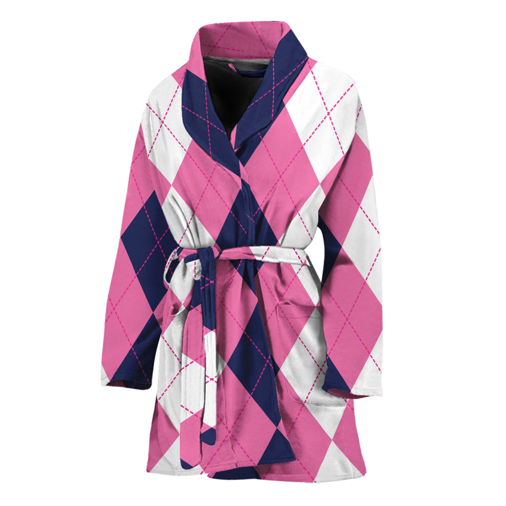 Pink Blue And White Argyle Pattern Print Women's Bathrobe