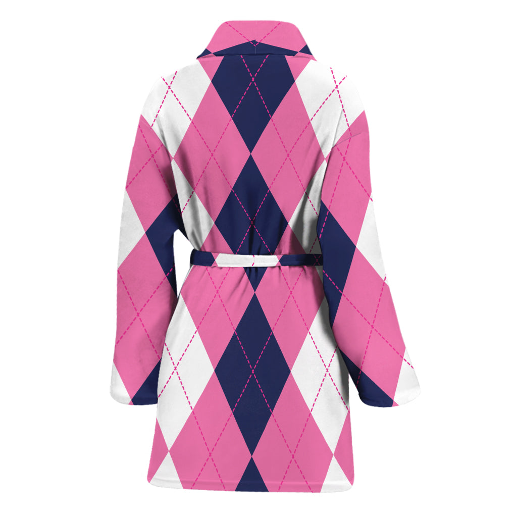 Pink Blue And White Argyle Pattern Print Women's Bathrobe