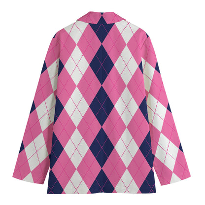 Pink Blue And White Argyle Pattern Print Women's Blazer
