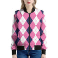Pink Blue And White Argyle Pattern Print Women's Bomber Jacket