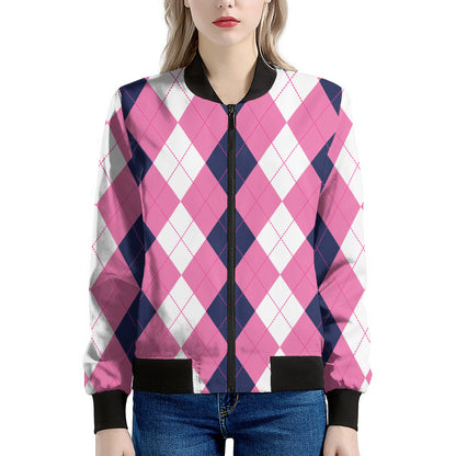 Pink Blue And White Argyle Pattern Print Women's Bomber Jacket