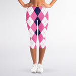 Pink Blue And White Argyle Pattern Print Women's Capri Leggings