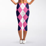 Pink Blue And White Argyle Pattern Print Women's Capri Leggings