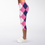 Pink Blue And White Argyle Pattern Print Women's Capri Leggings