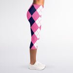 Pink Blue And White Argyle Pattern Print Women's Capri Leggings