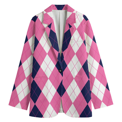 Pink Blue And White Argyle Pattern Print Women's Cotton Blazer