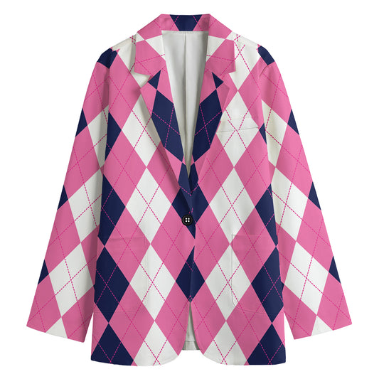 Pink Blue And White Argyle Pattern Print Women's Cotton Blazer