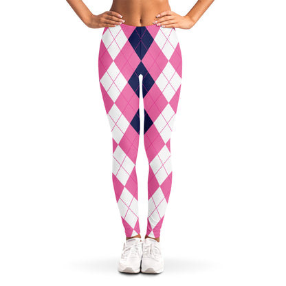 Pink Blue And White Argyle Pattern Print Women's Leggings