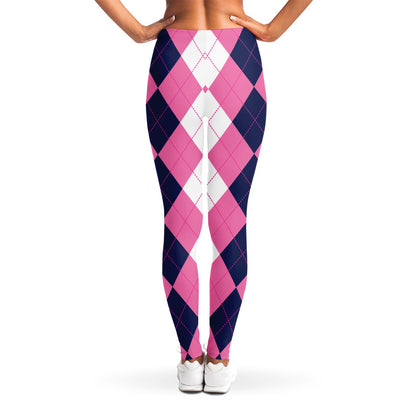 Pink Blue And White Argyle Pattern Print Women's Leggings