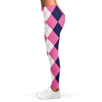 Pink Blue And White Argyle Pattern Print Women's Leggings