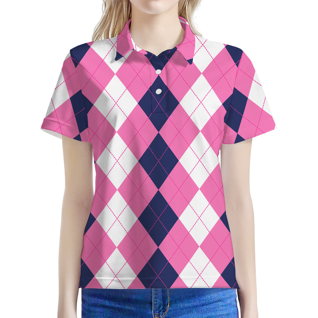 Pink Blue And White Argyle Pattern Print Women's Polo Shirt