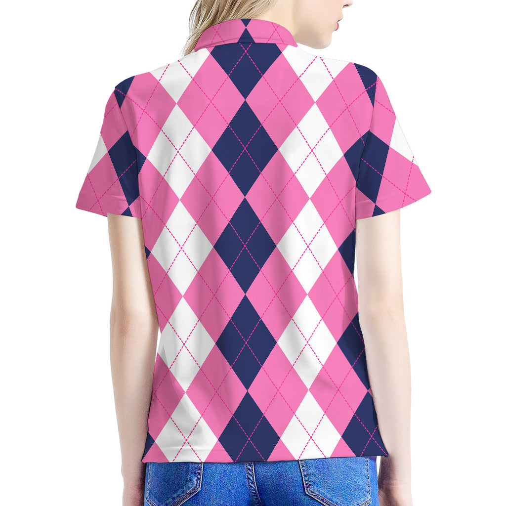Pink Blue And White Argyle Pattern Print Women's Polo Shirt
