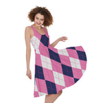 Pink Blue And White Argyle Pattern Print Women's Sleeveless Dress