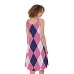 Pink Blue And White Argyle Pattern Print Women's Sleeveless Dress