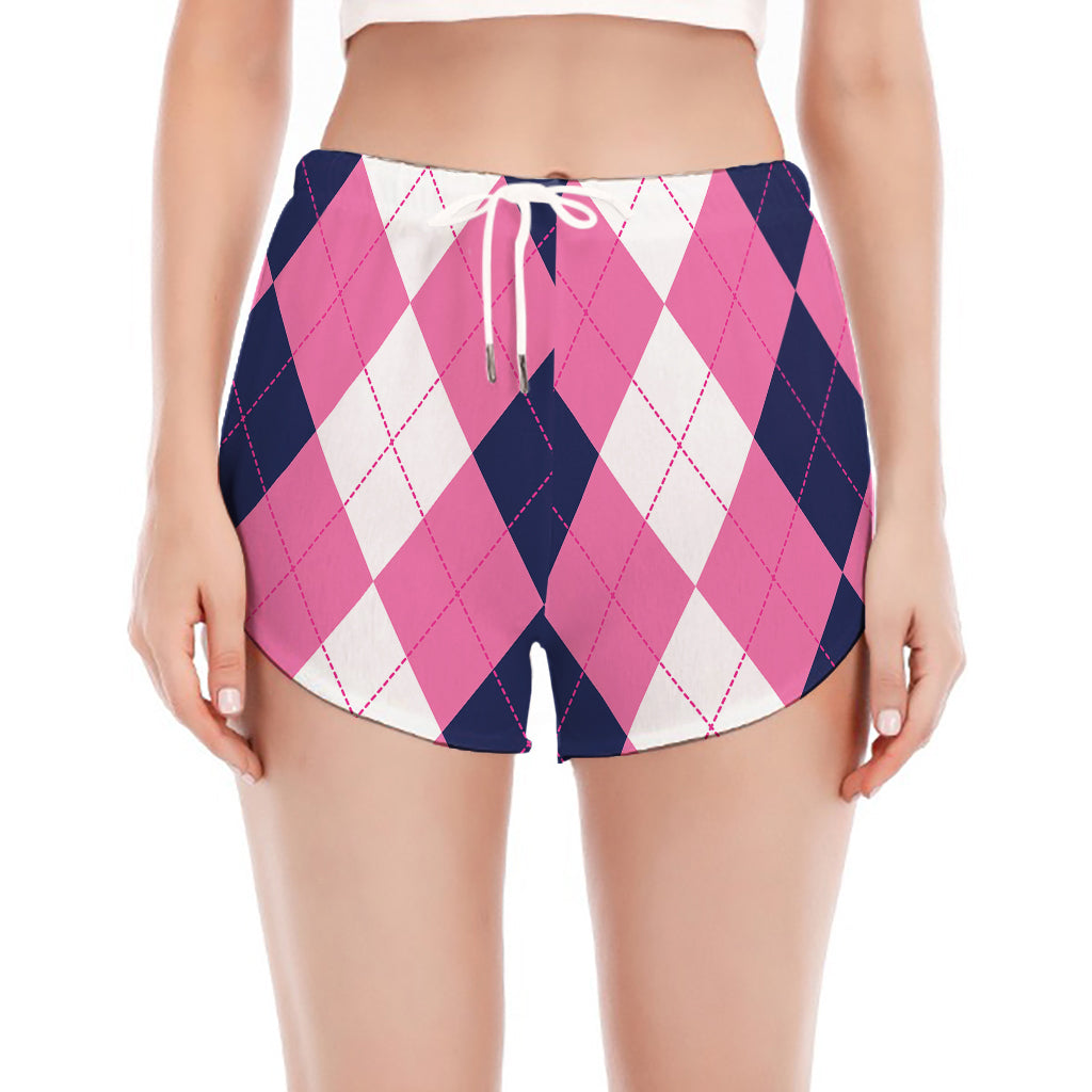 Pink Blue And White Argyle Pattern Print Women's Split Running Shorts