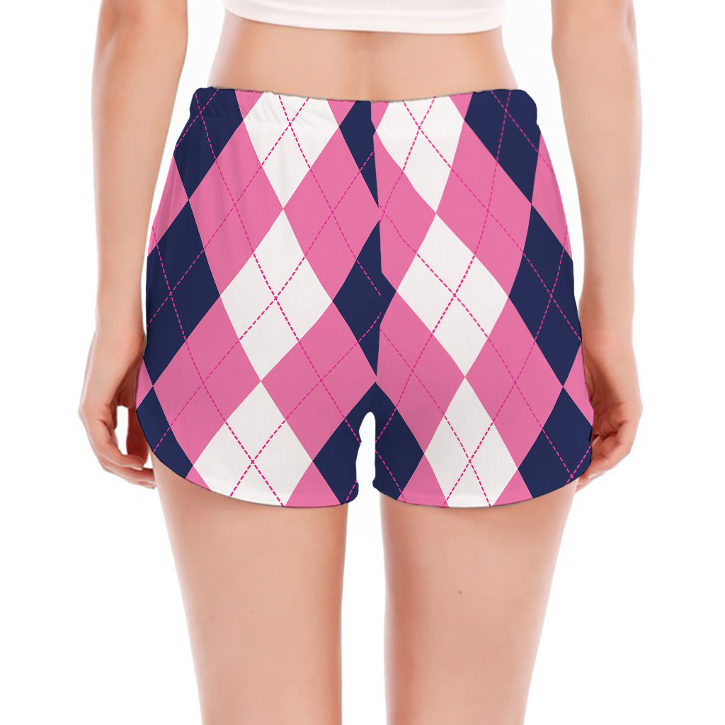 Pink Blue And White Argyle Pattern Print Women's Split Running Shorts