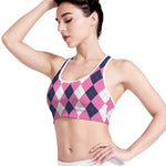 Pink Blue And White Argyle Pattern Print Women's Sports Bra