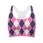 Pink Blue And White Argyle Pattern Print Women's Sports Bra