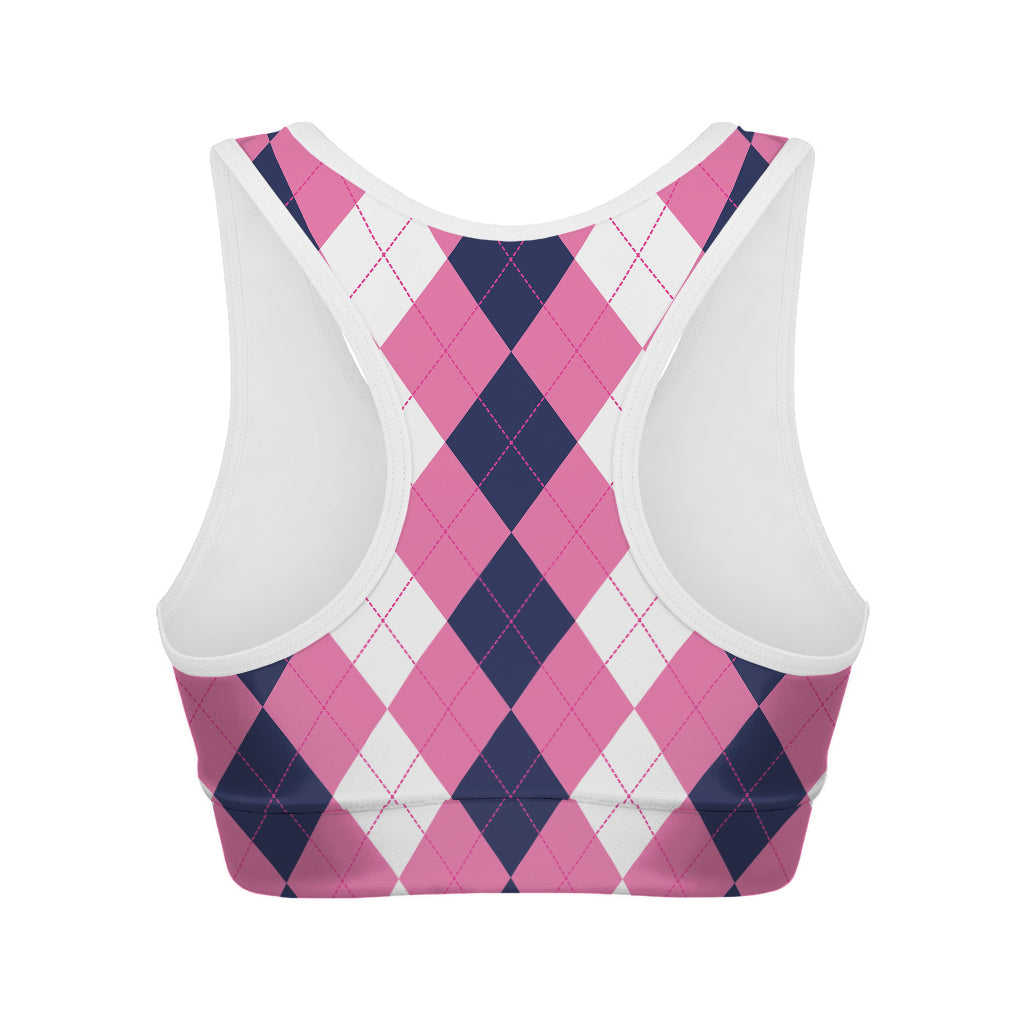 Pink Blue And White Argyle Pattern Print Women's Sports Bra
