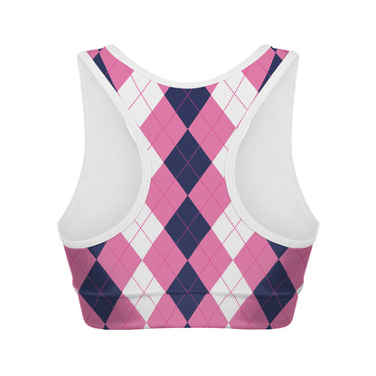 Pink Blue And White Argyle Pattern Print Women's Sports Bra