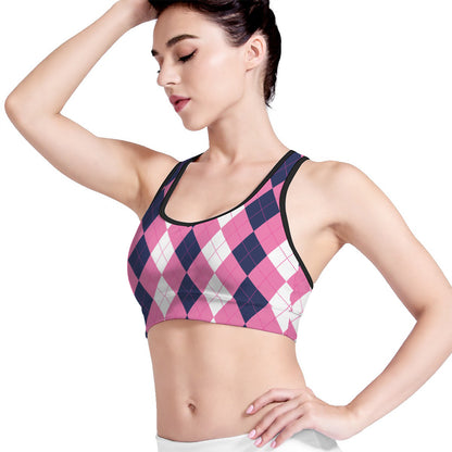 Pink Blue And White Argyle Pattern Print Women's Sports Bra