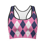 Pink Blue And White Argyle Pattern Print Women's Sports Bra