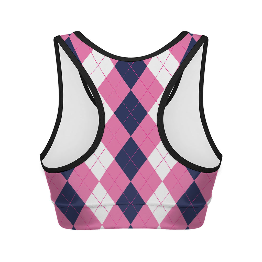 Pink Blue And White Argyle Pattern Print Women's Sports Bra