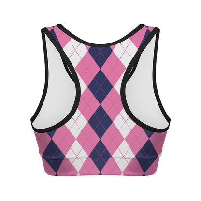 Pink Blue And White Argyle Pattern Print Women's Sports Bra