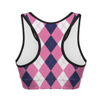 Pink Blue And White Argyle Pattern Print Women's Sports Bra