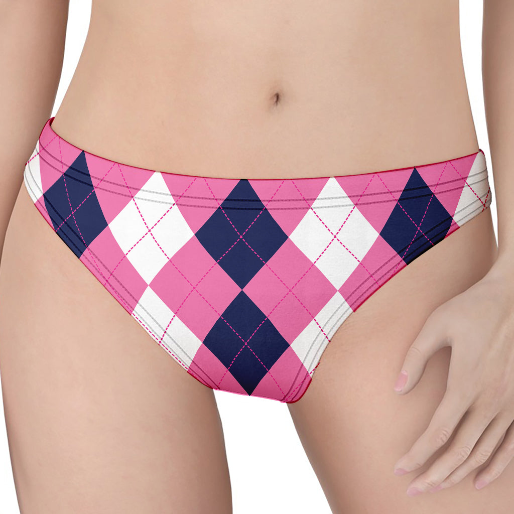 Pink Blue And White Argyle Pattern Print Women's Thong