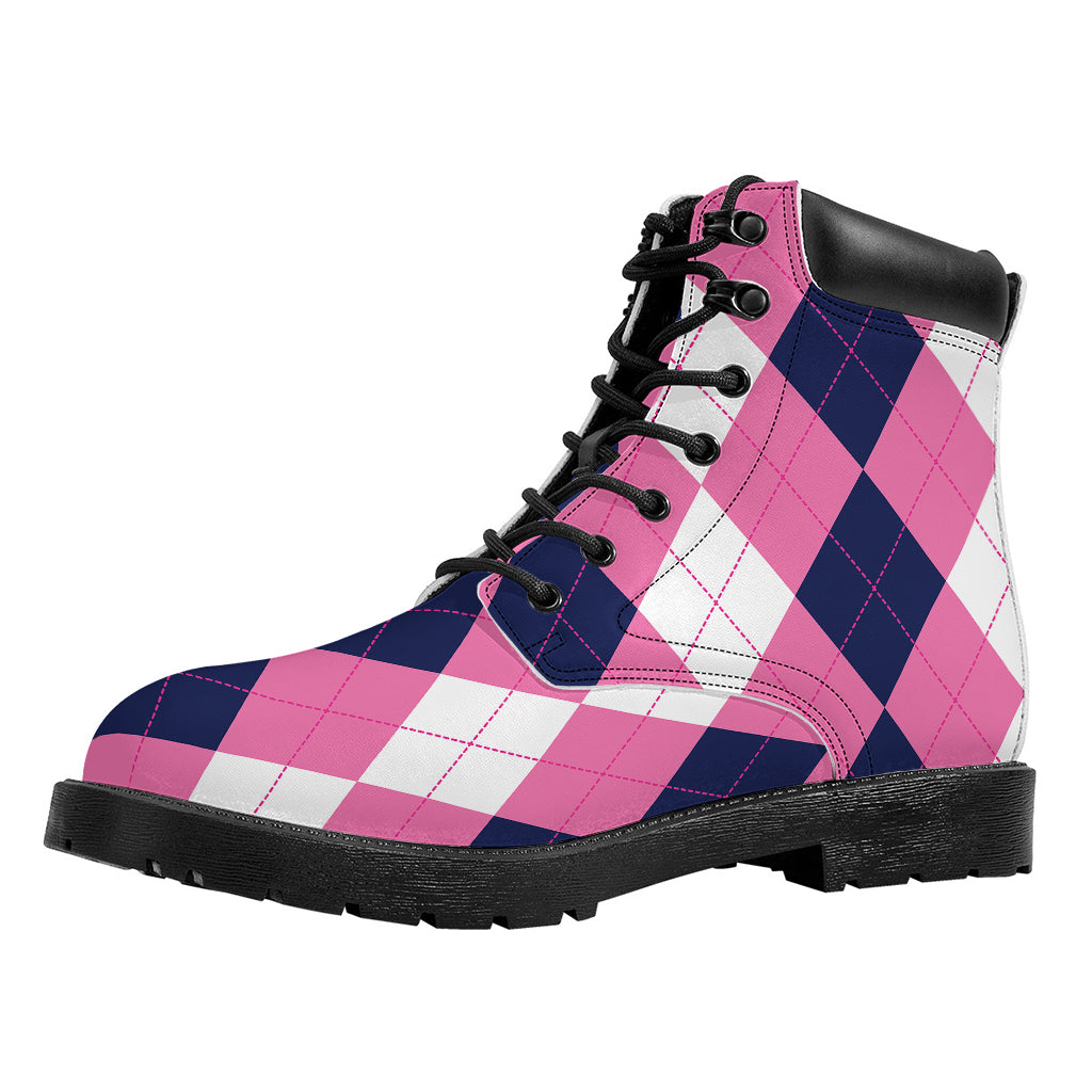 Pink Blue And White Argyle Pattern Print Work Boots