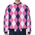 Pink Blue And White Argyle Pattern Print Zip Sleeve Bomber Jacket