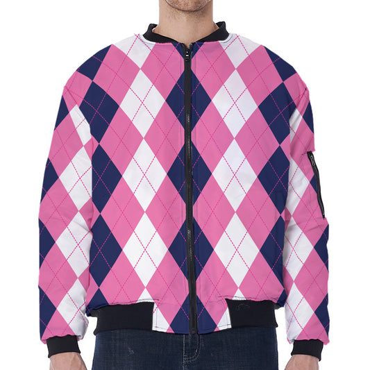 Pink Blue And White Argyle Pattern Print Zip Sleeve Bomber Jacket