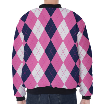 Pink Blue And White Argyle Pattern Print Zip Sleeve Bomber Jacket